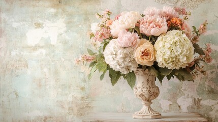 Poster - A beautiful arrangement of soft-hued peonies and hydrangeas is elegantly arranged in an ornate antique vase, enhancing its charm. Generative AI
