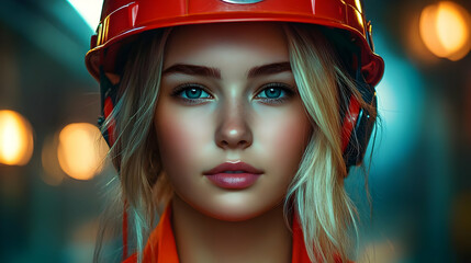 Poster - Portrait of a young woman in a hard hat, conveying strength and focus.