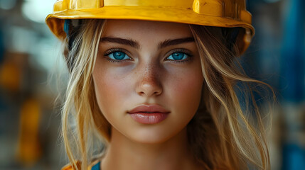 Canvas Print - Portrait of a young woman wearing a hard hat at a construction site.