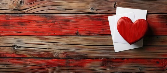 Canvas Print - Red wooden heart and white paper card festive texture. Copy space image. Place for adding text and design