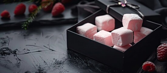 Wall Mural - delicate berry marshmallows zephyr placed in front of a box of treats on a dark table. Copy space image. Place for adding text and design