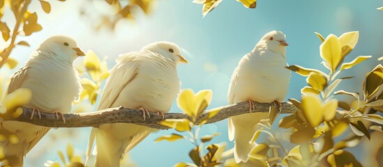 Wall Mural - White birds resting on the treetop. Copy space image. Place for adding text and design