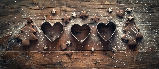 Poster - Christmas cookie cutter shapes of trees and hearts with sugar stars on a wooden table. Copy space image. Place for adding text and design