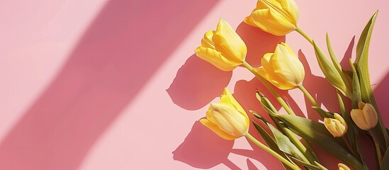 Wall Mural - Flat lay abstract background of spring flowers featuring yellow tulips casting hard shadows on pink with copy space