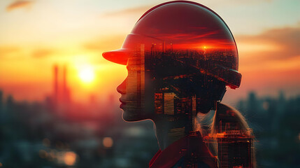 Wall Mural - Silhouette of a woman in a helmet against a city sunset backdrop.