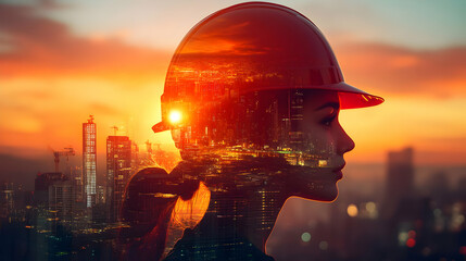 Poster - Silhouette of a woman with a hard hat against a sunset cityscape.