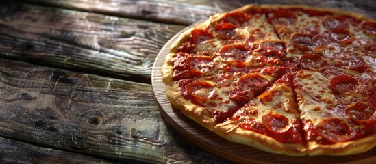 Canvas Print - Tasty Italian pizza served on a wooden table. Copy space image. Place for adding text and design