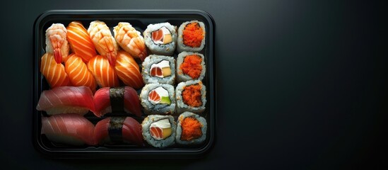 Canvas Print - A photo displaying an assortment of sushi types neatly arranged and packed in a container. Copy space image. Place for adding text and design