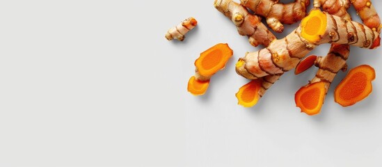 Poster - Close up of a bunch of fresh whole and sliced turmeric isolated on a white background. Copy space image. Place for adding text and design