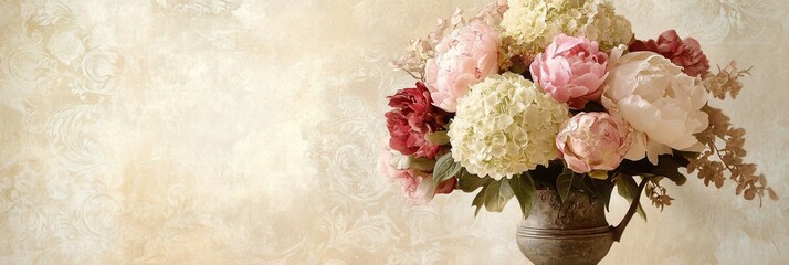 Wall Mural - A beautiful arrangement of soft peonies and hydrangeas fills an antique vase, enhancing the vintage aesthetic of the setting. Generative AI