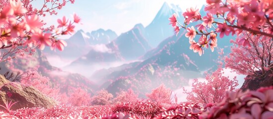 Wall Mural - Scenery of pink flowers Wild Himalayan Cherry in the background. Copy space image. Place for adding text and design