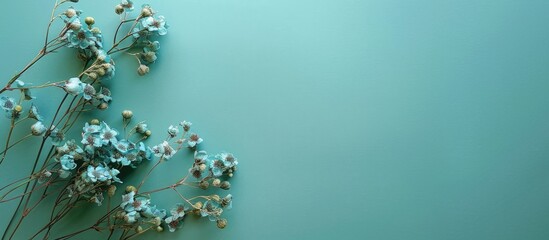 Poster - Composition of flowers Arrangement of dried blue flowers on a green background Flat lay top view copyspace Minimalism