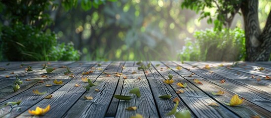 Canvas Print - Arrange the leaves on the wooden floor. Copy space image. Place for adding text and design