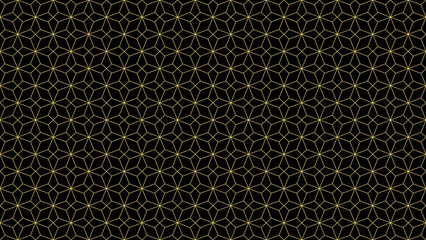 Wall Mural - Seamless pattern of repeating geometric shapes, design in gold against a black background.