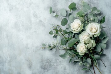 Fototapete - A beautiful arrangement of white roses mingling with fragrant eucalyptus leaves on a smooth, gray concrete background. Generative AI