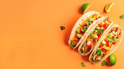 mexican tacos, amazing, orange gradient background, no lime, copy space generative ai