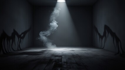 Mysterious dark space with a spotlight illuminating the floor, creating dramatic light and shadow effects with smoke or mist.