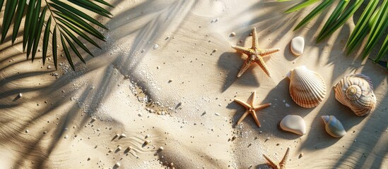 Sticker - Flat lay arrangement featuring lovely starfishes stones and sea shells on sand accented by palm leaves and shadows viewed from above with space for text. Copy space image