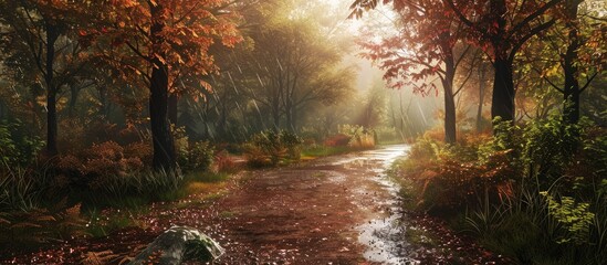 Sticker - A wide angle view of a trail through the lush rainy forest in autumn. Copy space image. Place for adding text and design