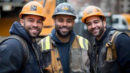 Canvas Print - Three smiling construction workers in safety gear at a worksite.