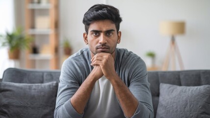 Wall Mural - Young Indian man in casual attire, sitting on a sofa at home with a serious expression, gazing at the camera.