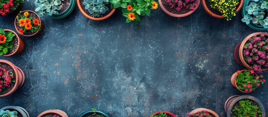 Poster - photo from above of blooming flower pots. Copy space image. Place for adding text and design