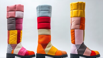 Stylish Knee-High Winter Boots: A Playful Patchwork Aesthetic in Warm Materials - Perfect as a Poster for Winter Sports Interiors!