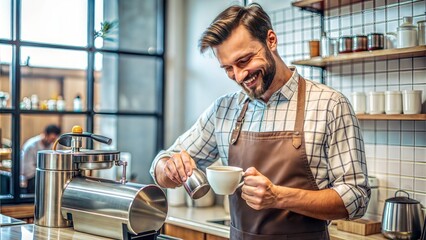 Canvas Print -  smiling man with apron preparing coffee for customer