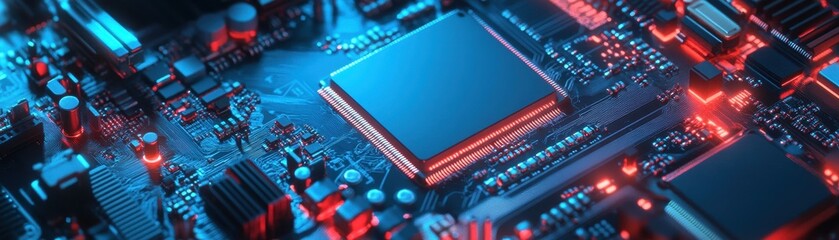 Wall Mural - Close-up of a Modern Computer Microchip on a Circuit Board with Glowing Red and Blue Lights