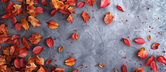 Poster - Frame of vibrant fallen autumn leaves on a gray backdrop. Copy space image. Place for adding text and design