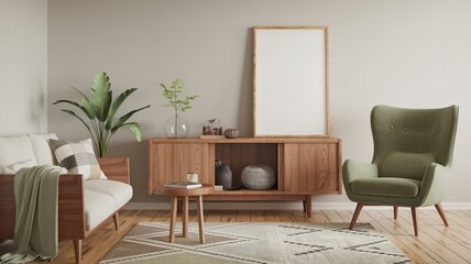 Scandinavian boho-style modern living room with a cabinet and a blank frame for mock-up.