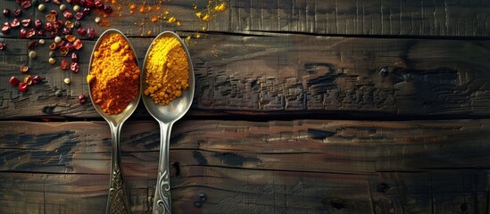 Wall Mural - Top view of a rustic wooden table featuring two spoons filled with different spices chili and turmeric Food background with red and yellow hues. Copy space image. Place for adding text and design