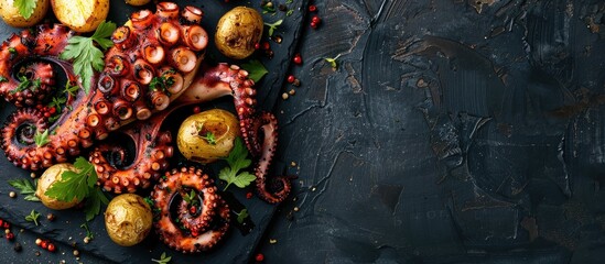 Sticker - Grilled octopus with small potatoes seasoned with herbs and spices Top view with room for your text. Copy space image. Place for adding text and design