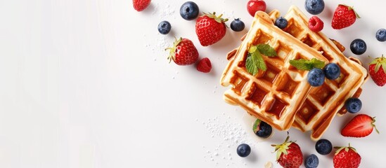 Wall Mural - Breakfast featuring freshly baked Belgian waffles on a white background with copyspace Culinary idea Nutritious dessert summer season