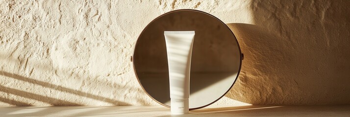 Poster - A tube of cream stands upright on a surface, mirrored perfectly in a round mirror, capturing gentle light and creating a tranquil vibe. Generative AI