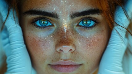 Wall Mural - Close-up Portrait of a Woman with Blue Eyes and Freckles