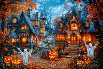 Wall Mural - Spooky Halloween scene with haunted house, ghosts, and jack o' lanterns