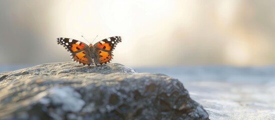 Poster - The Painted Lady butterfly resting on a stone. Copy space image. Place for adding text and design