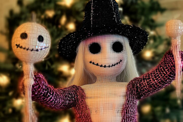 Halloween thread doll with witch hat.