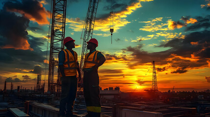 Two workers in safety gear at a construction site during sunset.