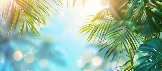 Poster - Background of natural green palm leaves on a tropical beach with bokeh sunlight against a blue sky Copyspace for summer vacation and business travel ideas