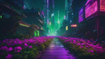 Sticker - A neon-lit cityscape with vibrant flowers lining a pathway.