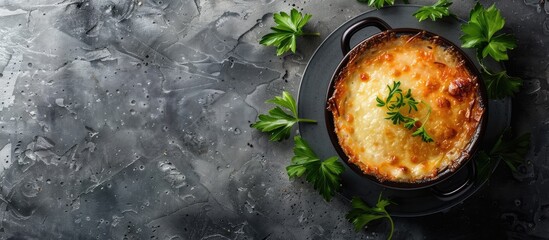 Canvas Print - Delicious homemade French onion soup on a grey table viewed from the top Copyspace available