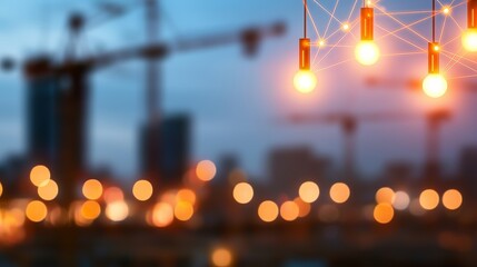 Sticker - construction site network connectivity abstract background with blurred city lights and glowing bulbs.