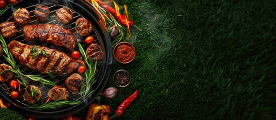 Wall Mural - Top view of a variety of tasty grilled meats with vegetables on a barbecue grill accompanied by smoke and flames on green grass. Copy space image. Place for adding text and design