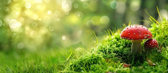 Poster - Toadstool emerging in grass and moss with copyspace to the right