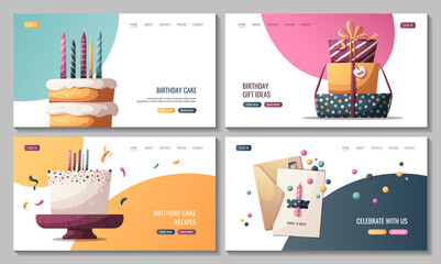 Wall Mural - Web page designs with cakes, birthday gifts. Birthday party, celebration, congratulations, invitation concept. Vector illustration for website, banner.