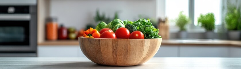 Wall Mural - Fresh Vegetables in Wooden Bowl on Kitchen Counter with Sunlight and Green Plants in Background