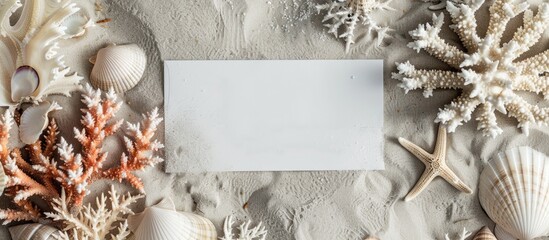 Canvas Print - Close up view of coral seashells and a blank card on sand against a grey background. Copy space image. Place for adding text and design