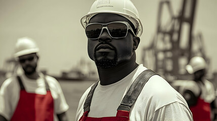 Poster - Workers in safety gear at a construction site, focused and determined.